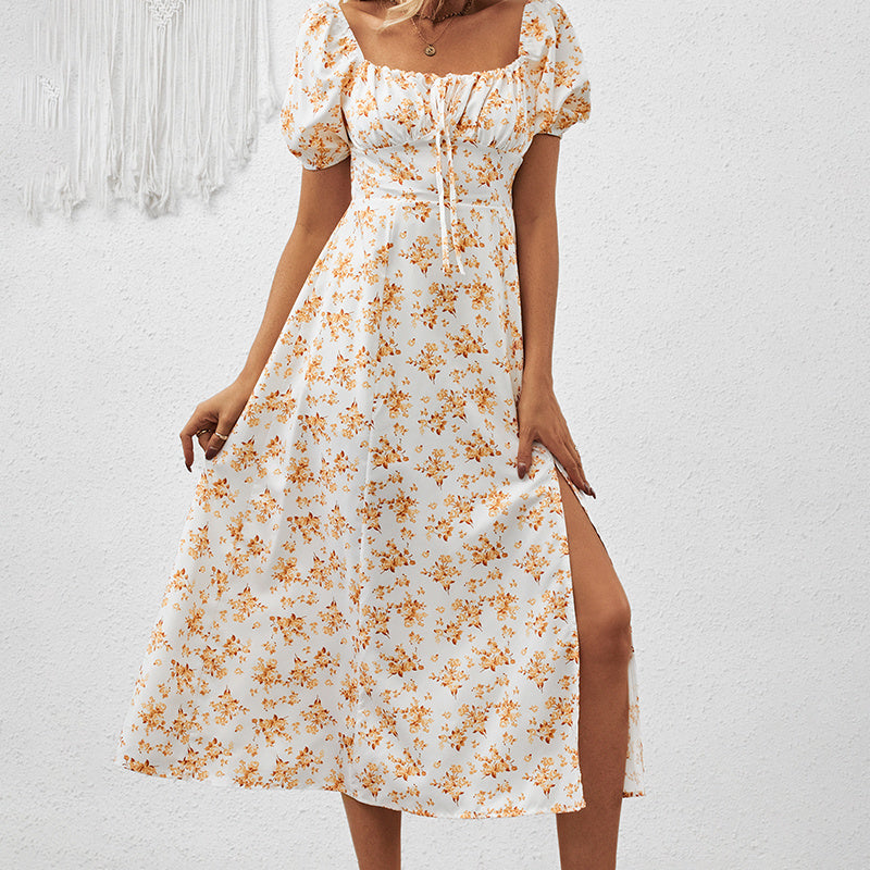 Women's Square Neck Floral Print Dress With Puff Sleeves & Side Slit - Elegant Spring Summer Boho Maxi Dress